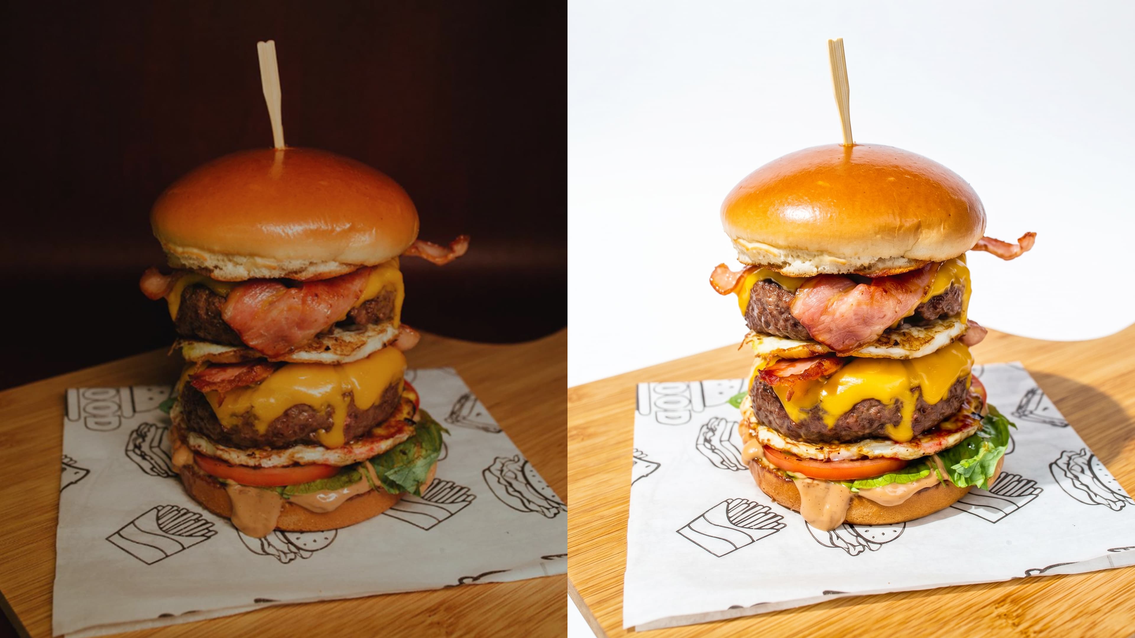 Before and after food photo enhancement