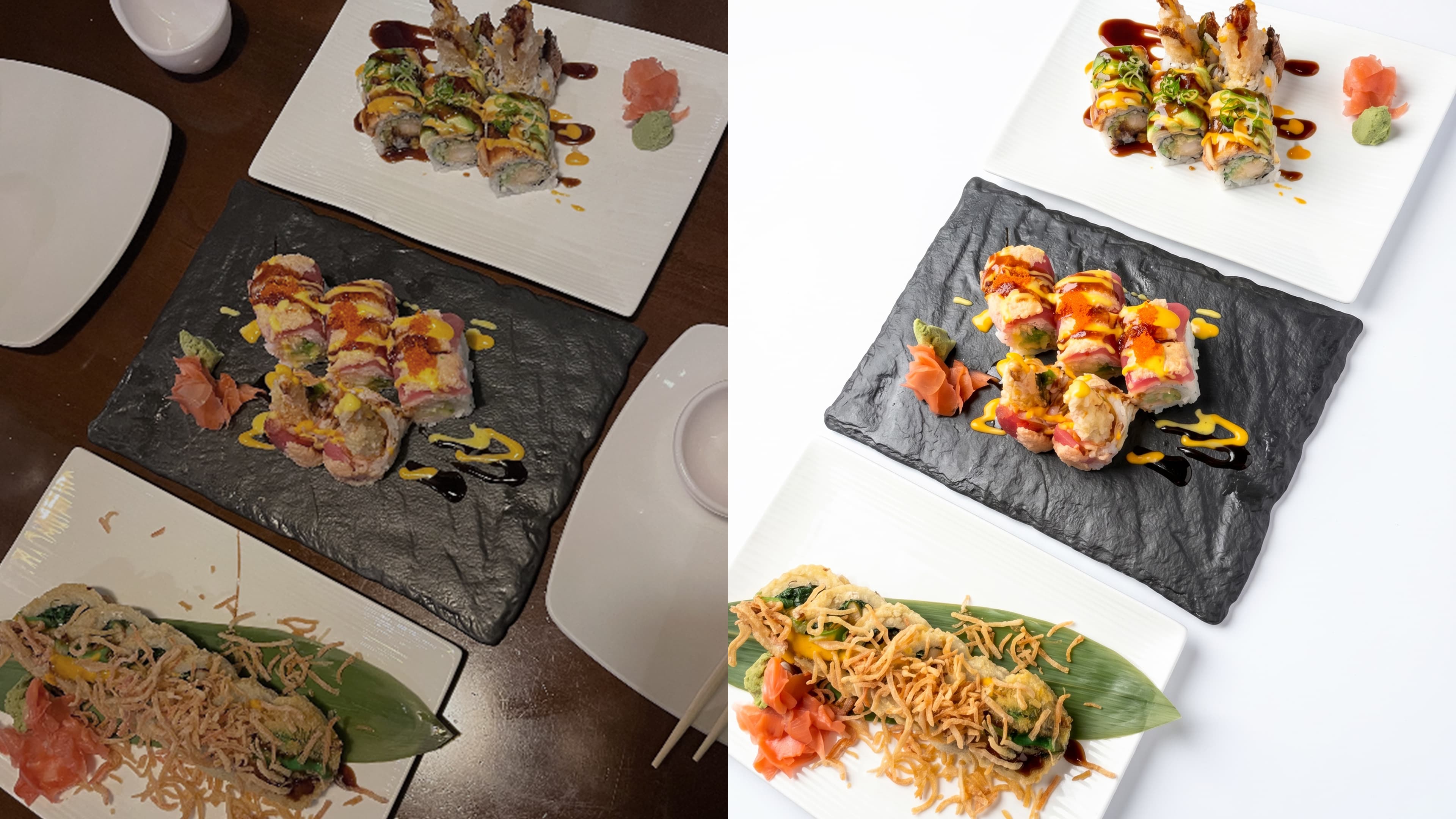 Before and after food photo enhancement